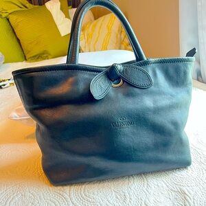 Black soft supple leather bow tote
